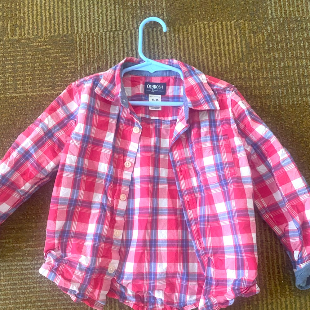 4T Plaid button up by Oshkosh. Red white and blue plaid in great condition